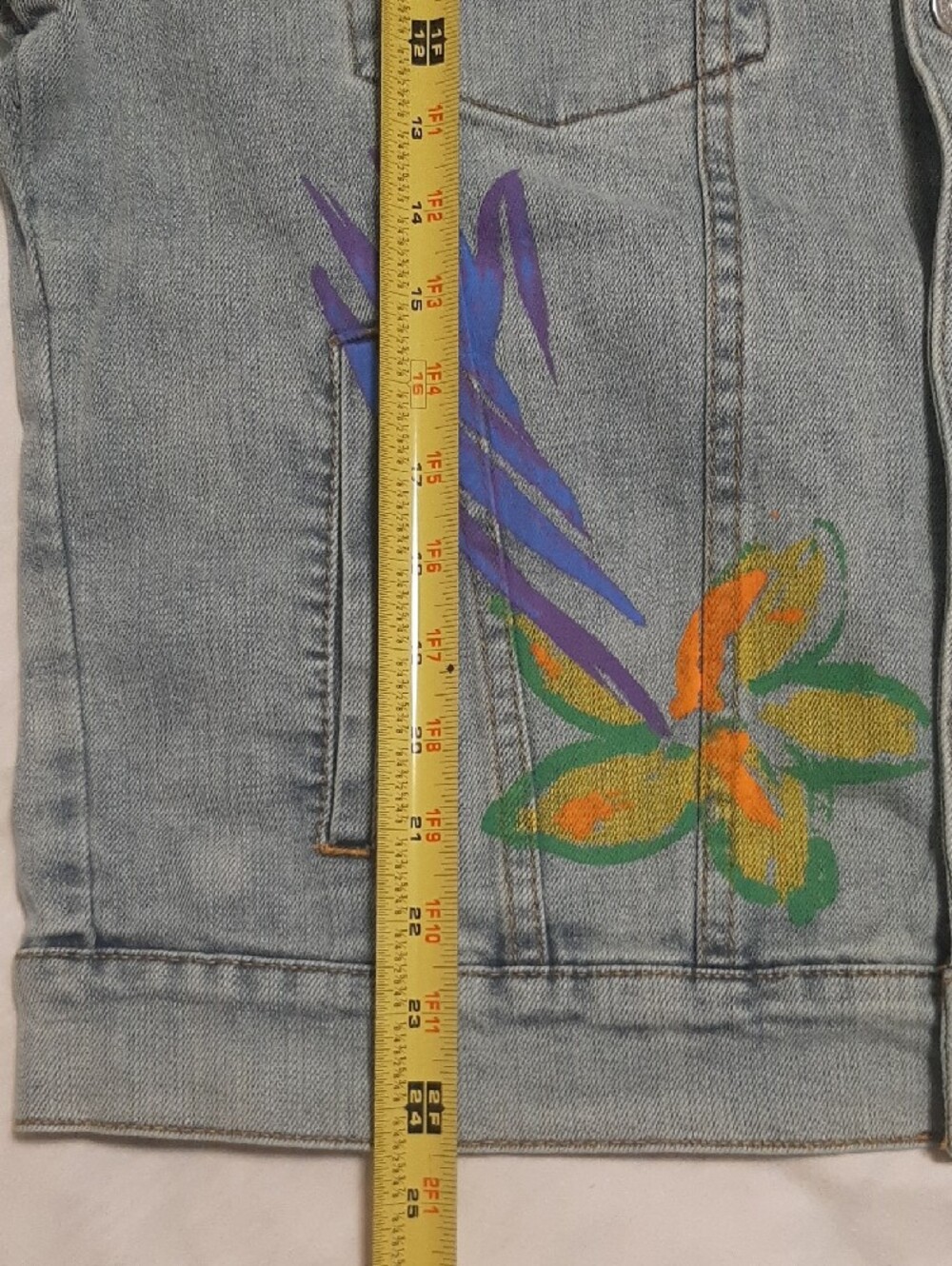 Forever 21 Size L Denim Jacket Painted Floral Abstract Design Vintage Worn Look - Picture 14 of 16